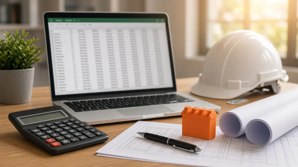 Imagen ilustrativa: presupuesto y análisis de precios unitarios en una laptop junto a planos y calculadora