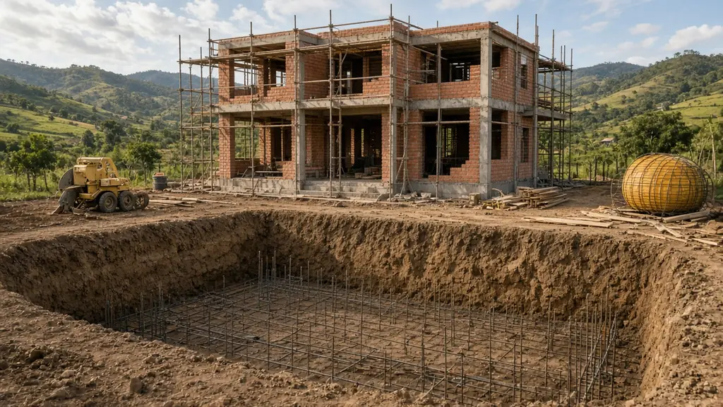 Imagen ilustrativa: casa de campo de hormigón y ladrillo en construcción, con la excavación de la piscina, en zona rural