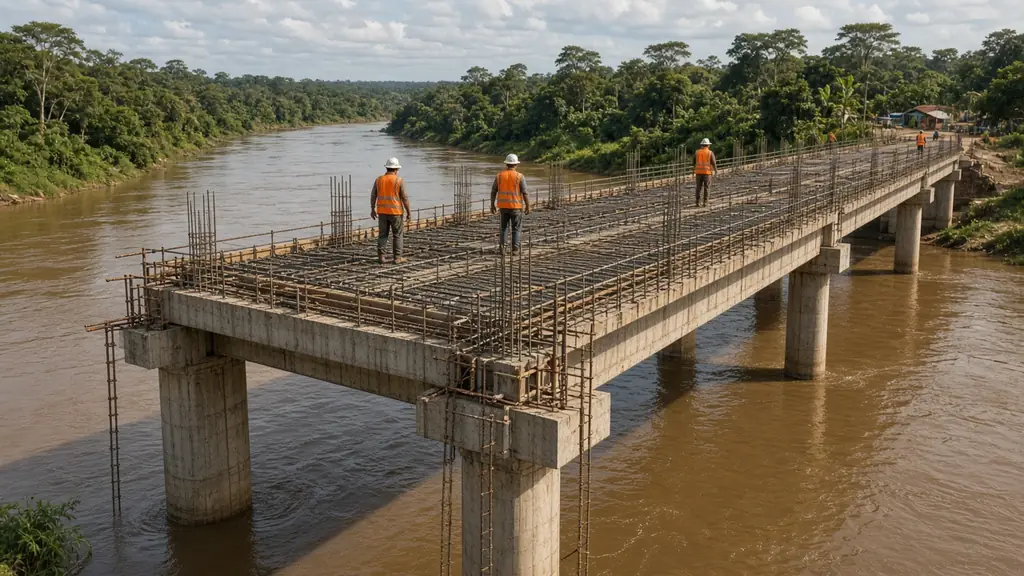 Imagen ilustrativa: puente de hormigón postensado en construcción sobre un río tropical